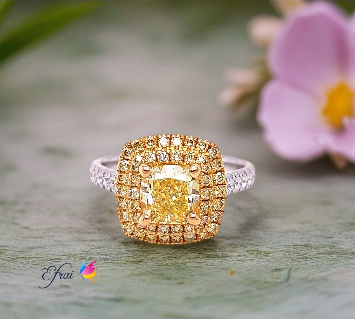 Natural Fancy intense yellow diamonds ring