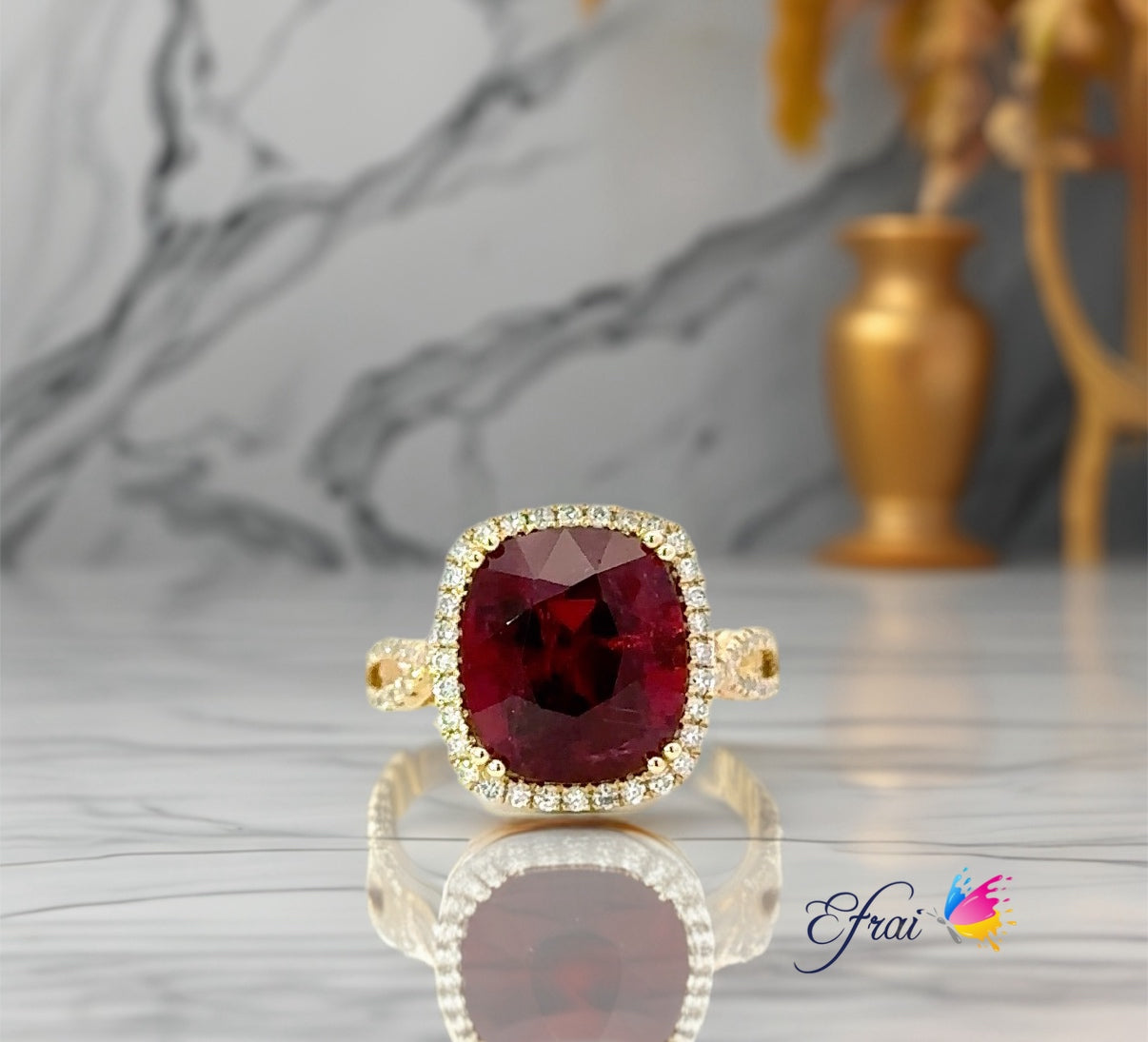 Gorgeoud natural bright red tourmaline and diamonds ring