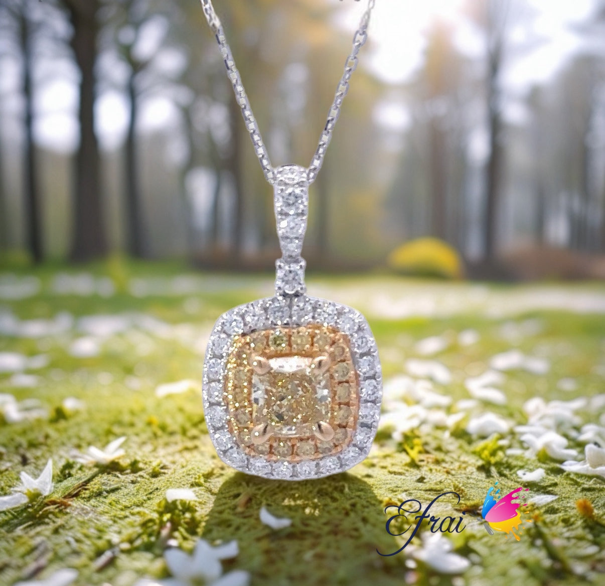 GIA natural yellow cushion diamond necklace