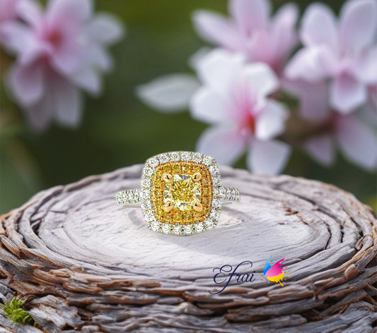 GIA natural Fancy yellow cushion diamond ring