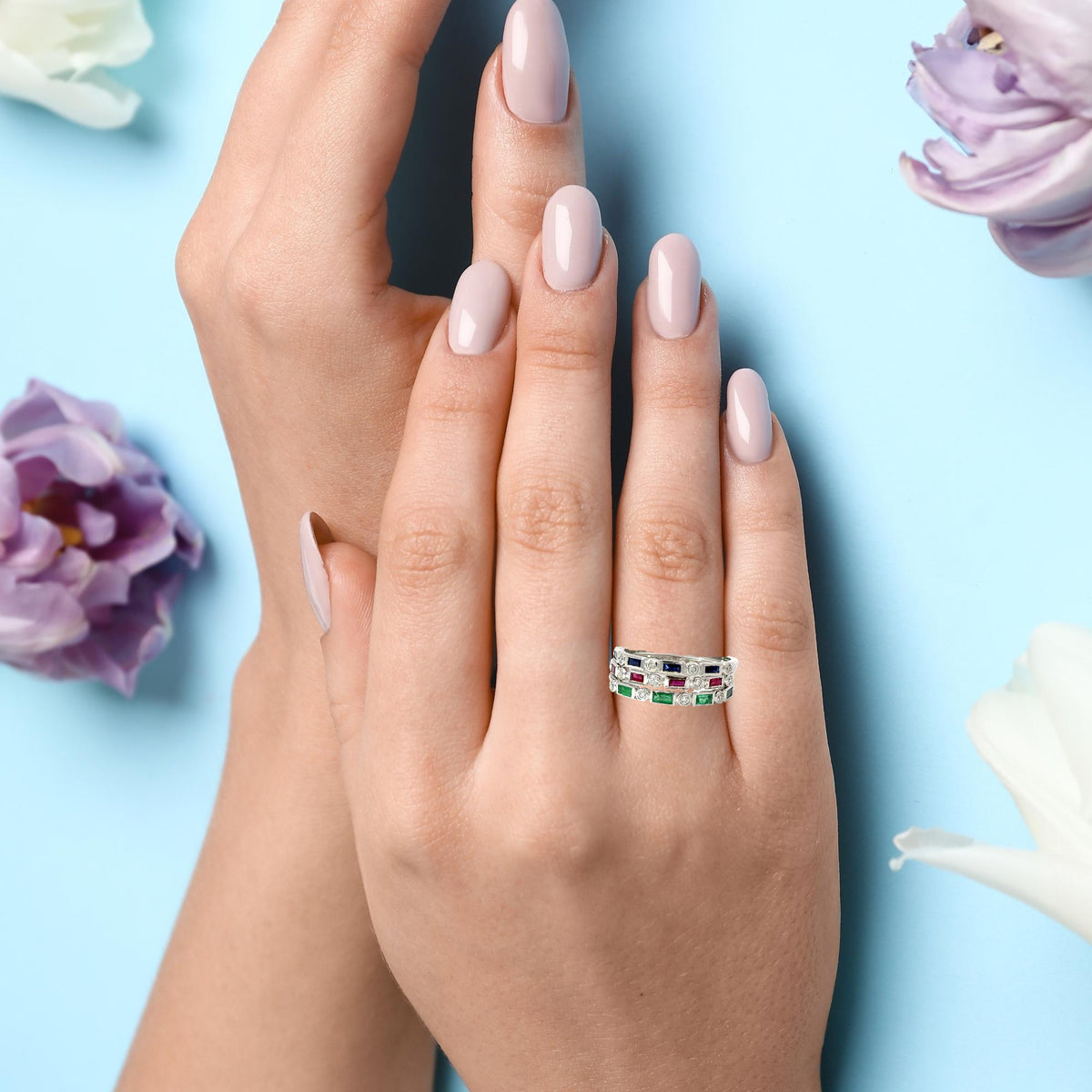 Natural ruby sapphire emeralds and diamonds bands