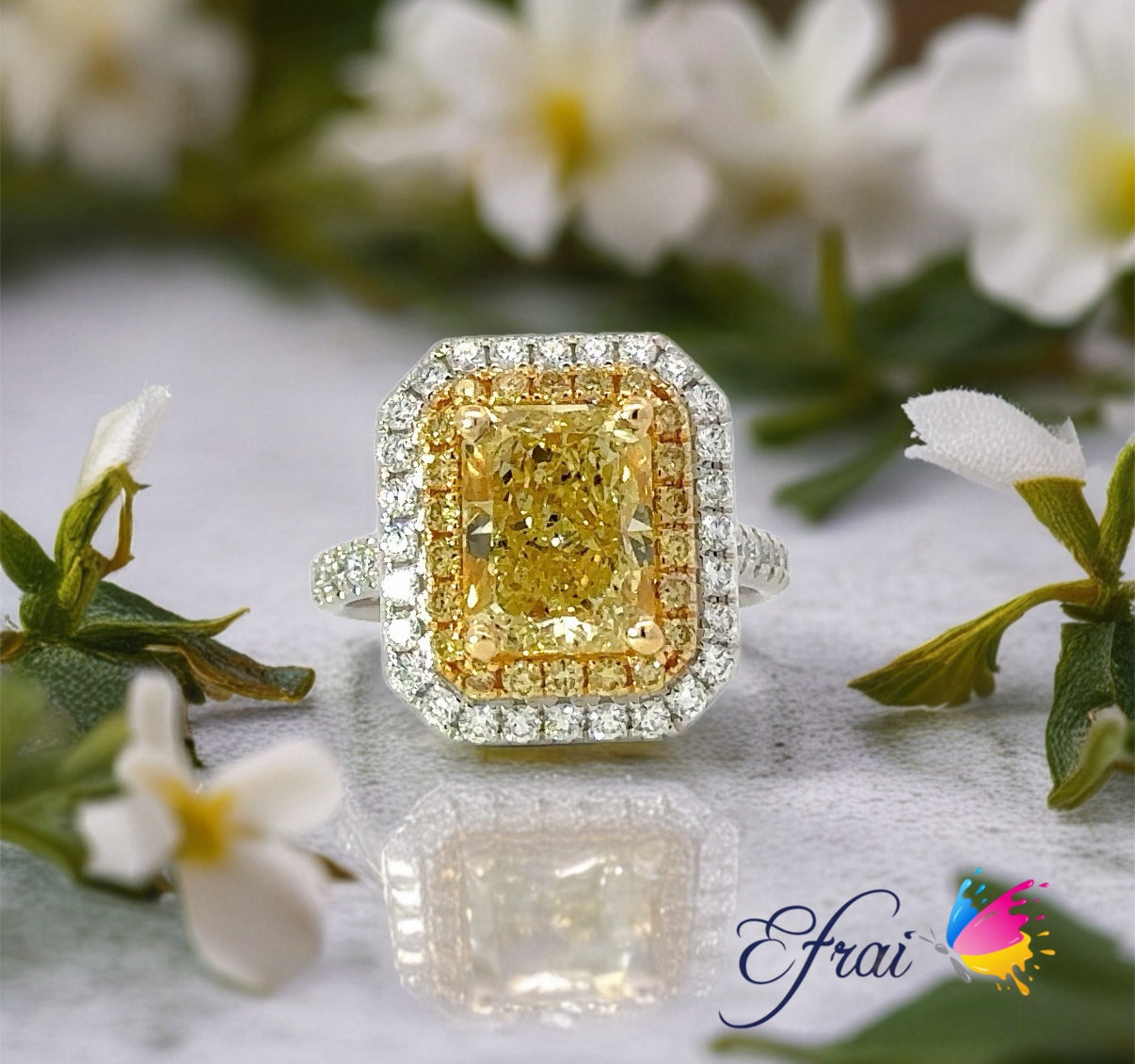 Natural fancy yellow radiant diamonds ring