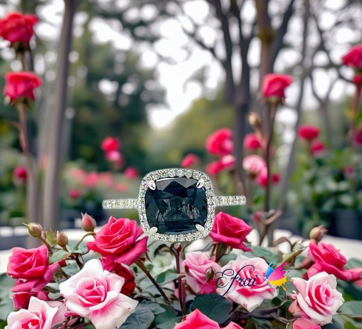 GIA natural unheated blue spinel and diamonds ring