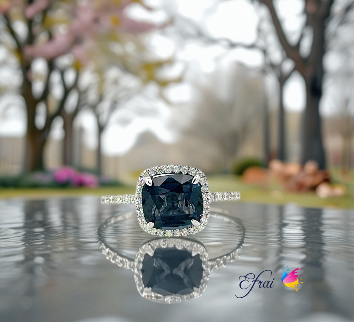 GIA natural unheated blue spinel and diamonds ring