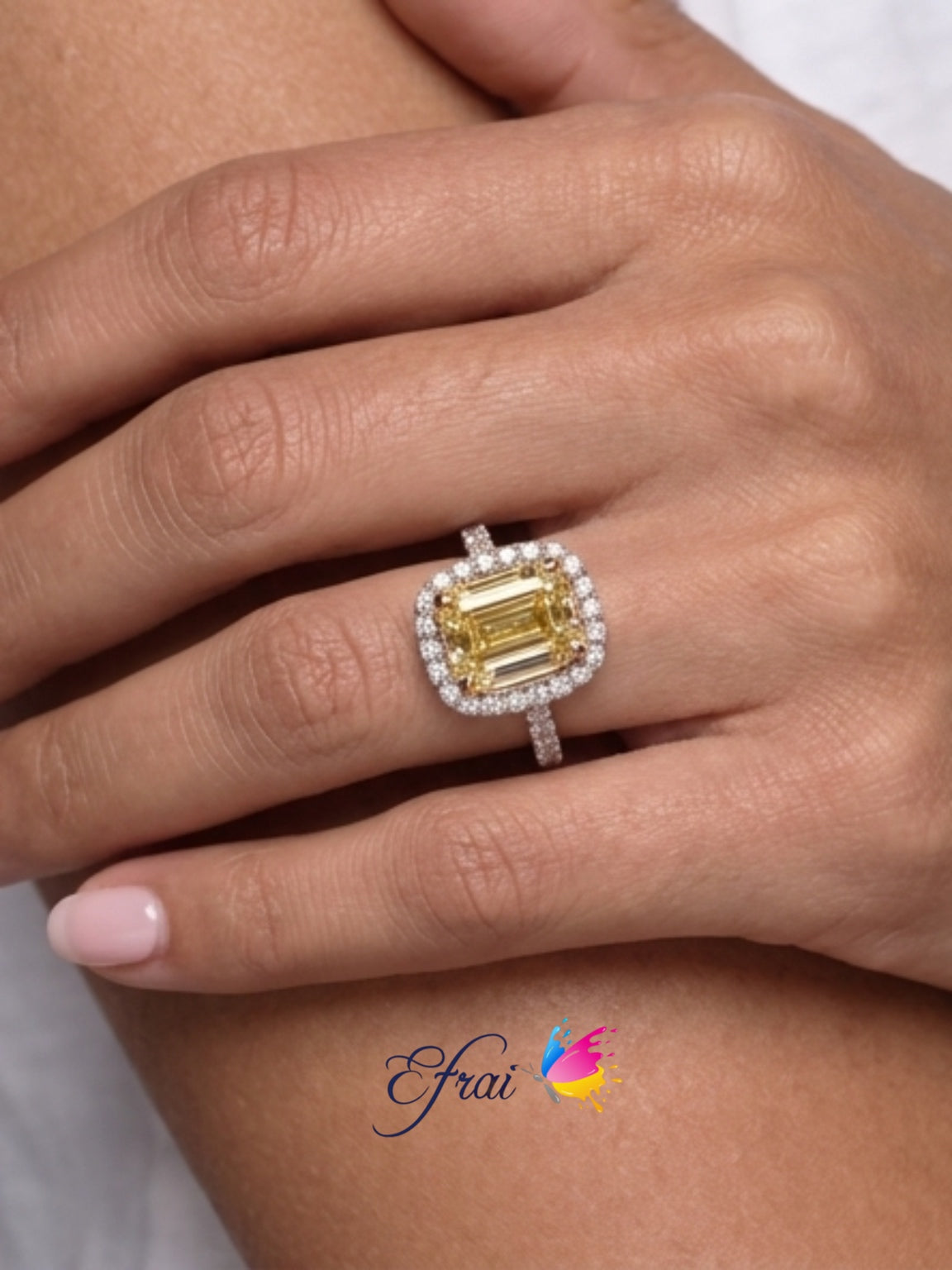CGL certified Emerald cut fancy yellow and diamonds ring