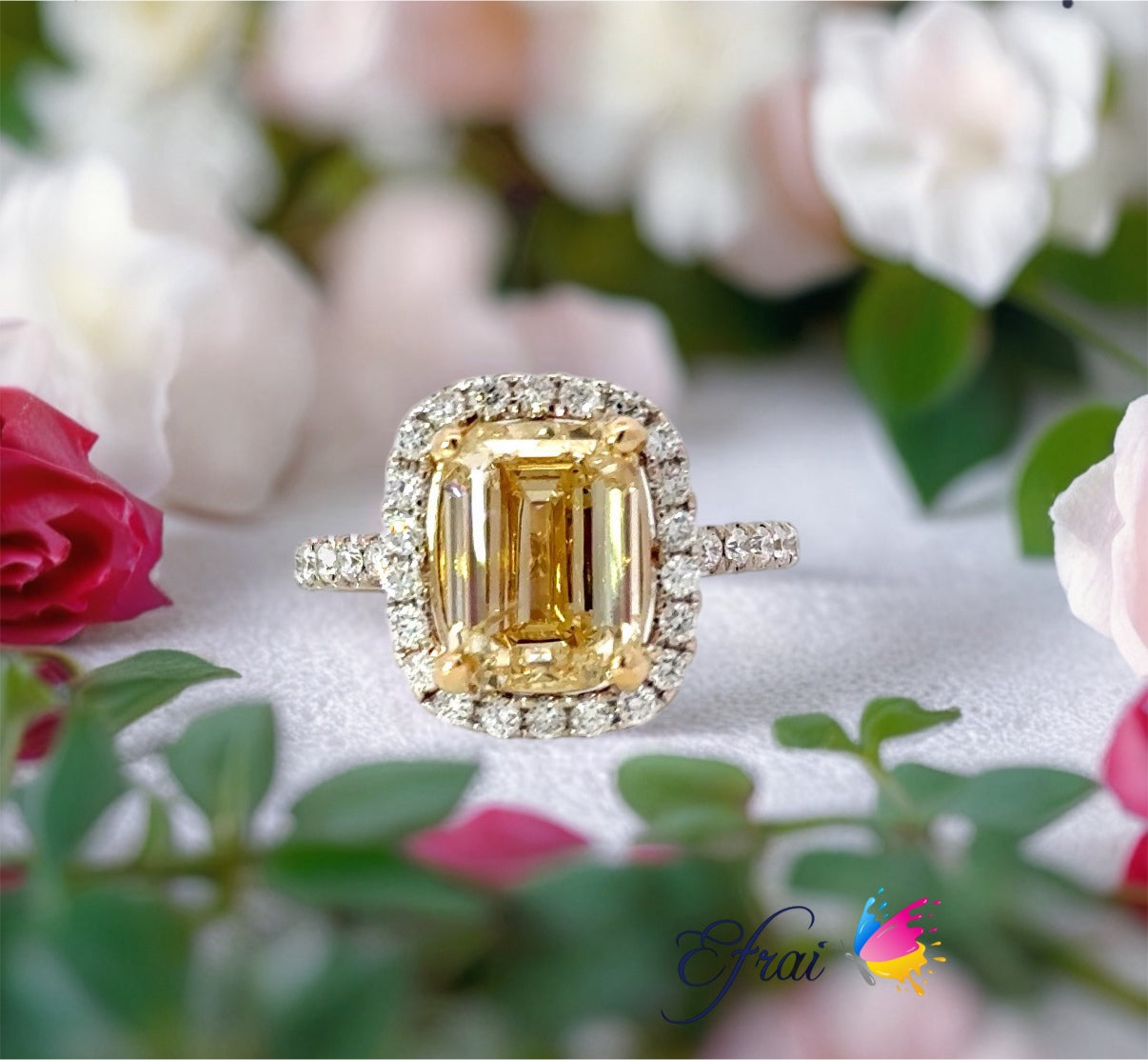 CGL certified Emerald cut fancy yellow and diamonds ring