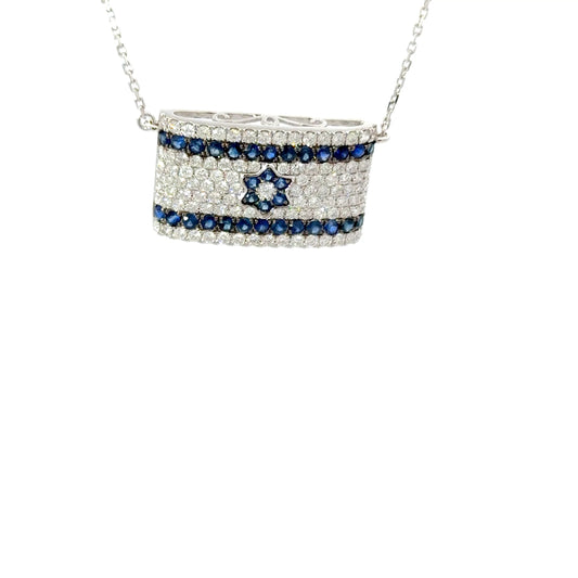 Uniquely designed Israeli flag with natural diamonds and sapphires necklace