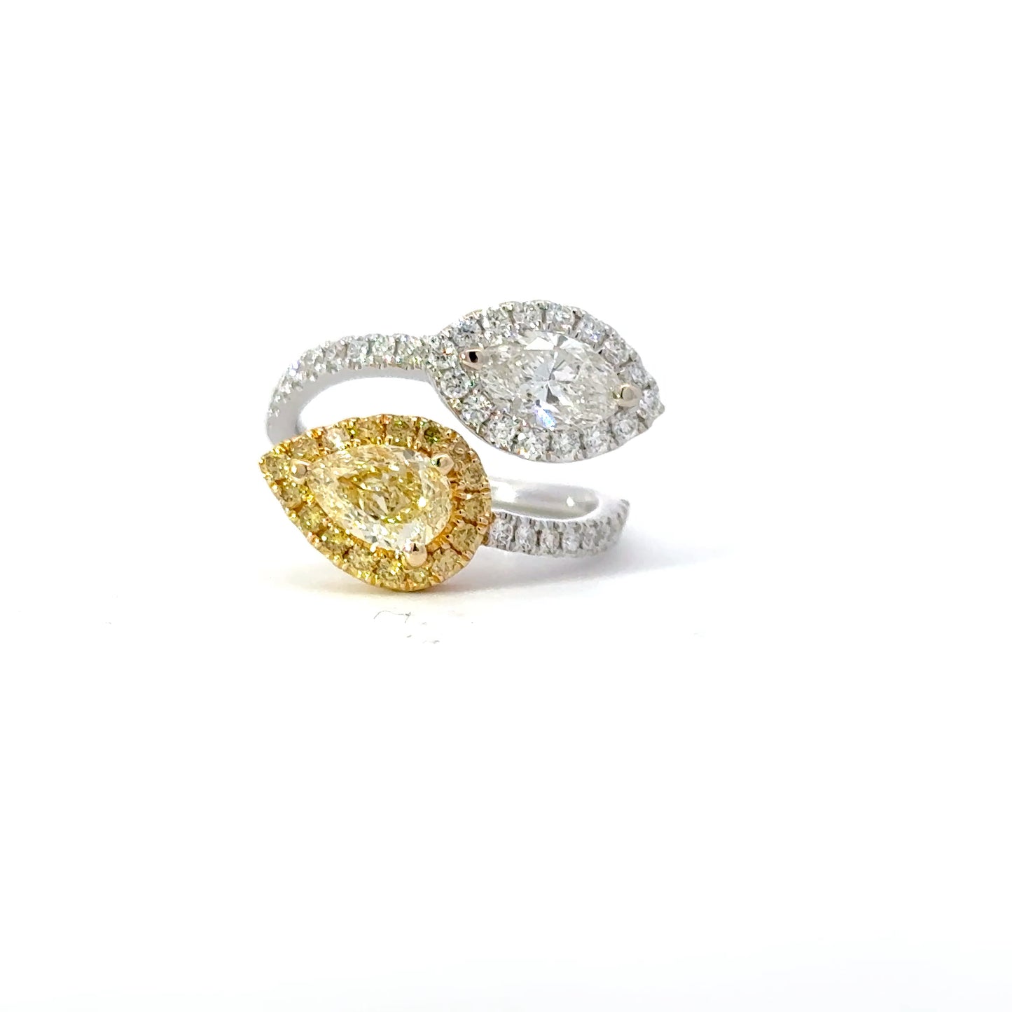 Elegant Moi et Toi GIA natural Pear shape Fancy Yellow and EGLUS natural Marquise diamond ring