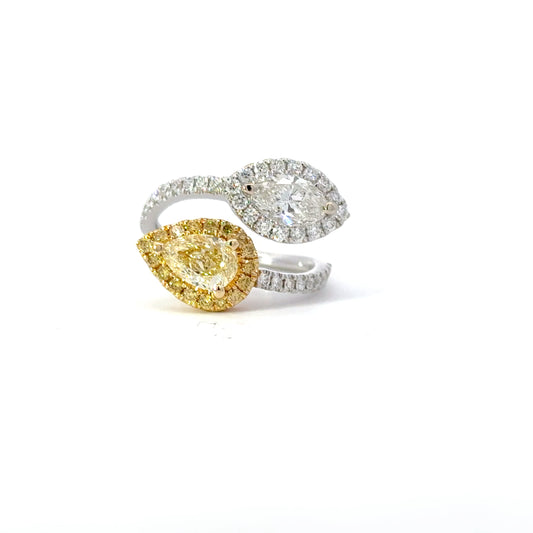 Elegant Moi et Toi GIA natural Pear shape Fancy Yellow and EGLUS natural Marquise diamond ring