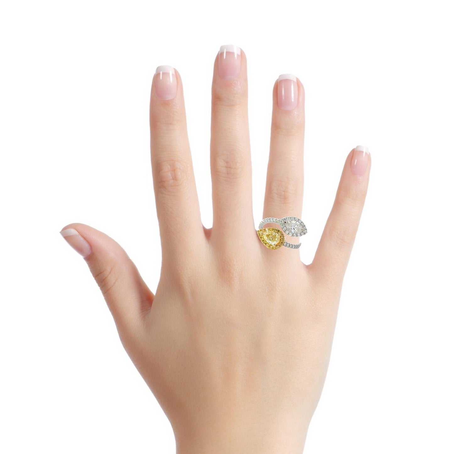 Elegant Moi et Toi GIA natural Pear shape Fancy Yellow and EGLUS natural Marquise diamond ring