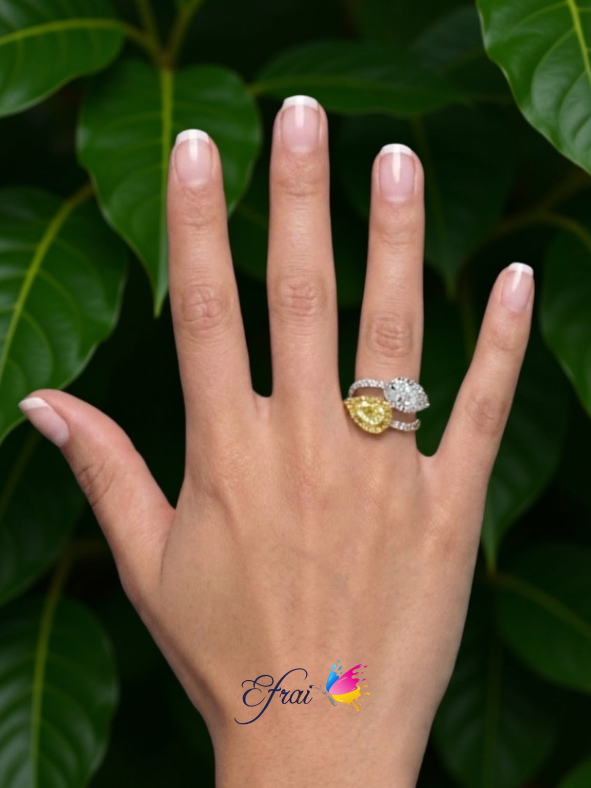 Elegant Moi et Toi GIA natural Pear shape Fancy Yellow and EGLUS natural Marquise diamond ring