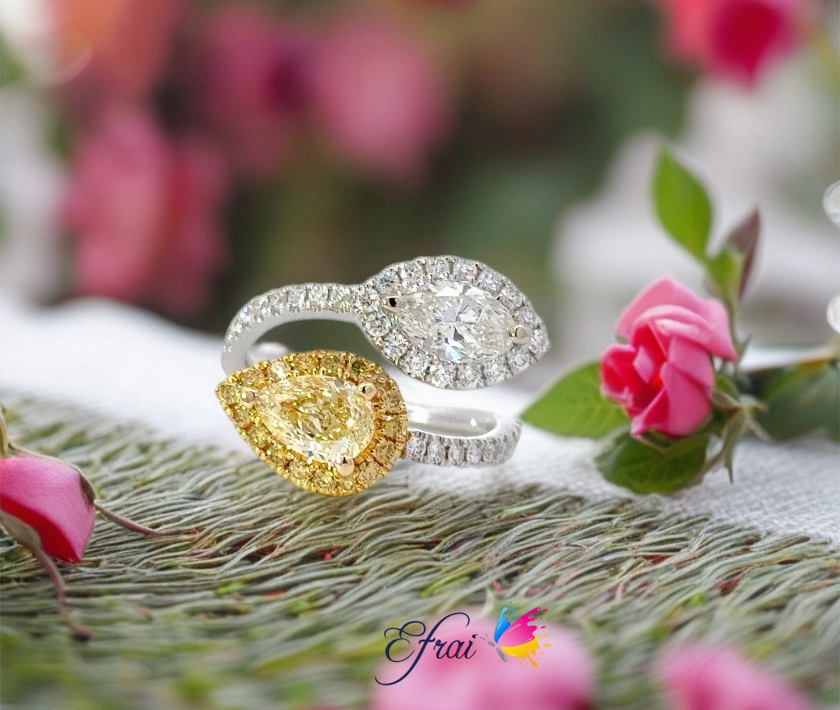 Elegant Moi et Toi GIA natural Pear shape Fancy Yellow and EGLUS natural Marquise diamond ring