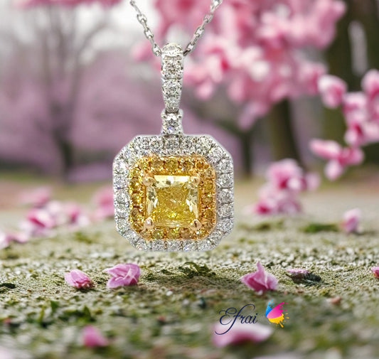 Elegant GIA Natural Fancy Intense Yellow cushion diamond necklace