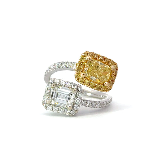 Elegant Moi et Toi design with GIA natural Emerald-cut and Fancy yellow radiant diamonds ring