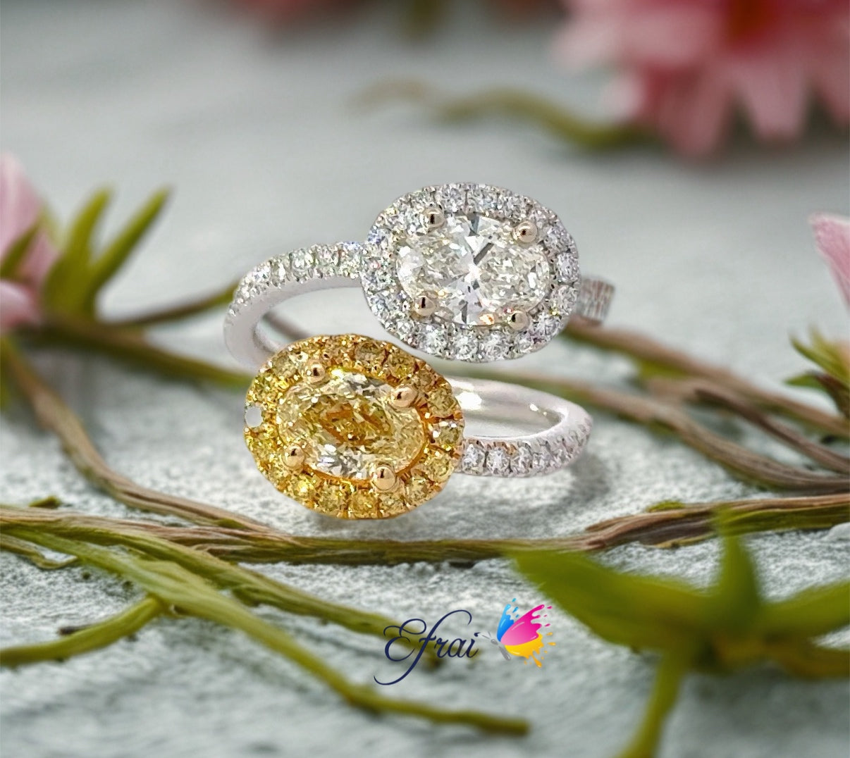 Gorgeous Moi et Toi GIA natural yellow and white oval diamonds ring