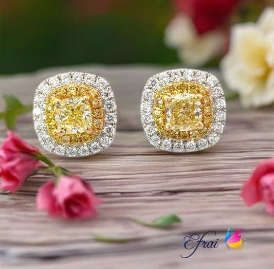 Natural Fancy Yellow Diamonds Double Halo in 18K White Gold earrings