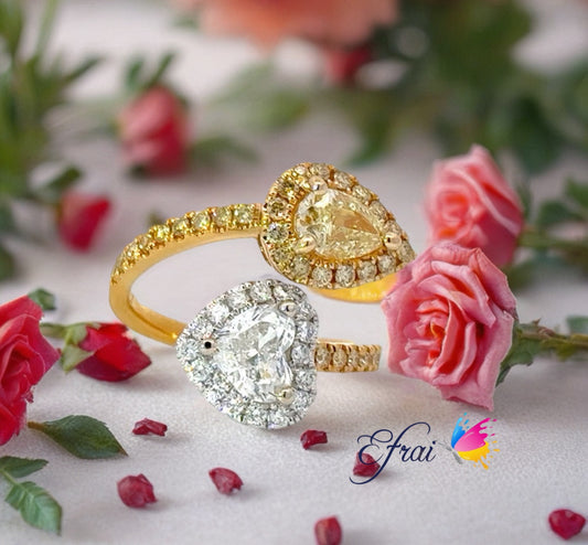 18K Yellow Gold  Ring with GIA Natural Fancy Yellow Pear-Shaped and GIA white Heart shaped Diamond