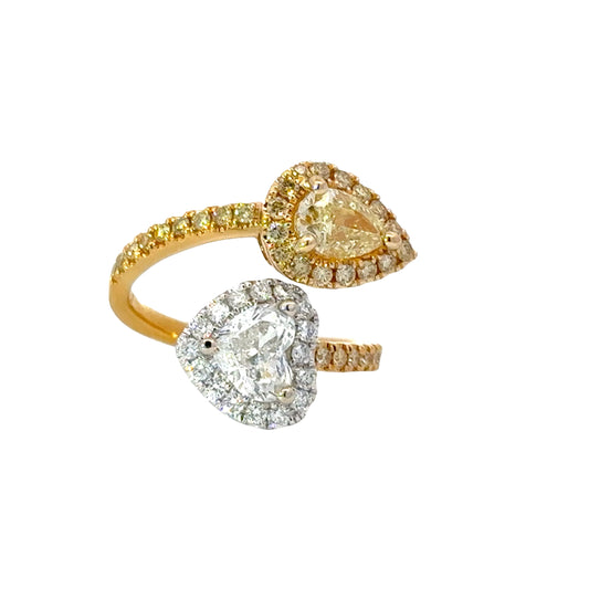 18K Yellow Gold  Ring with GIA Natural Fancy Yellow Pear-Shaped and GIA white Heart shaped Diamond