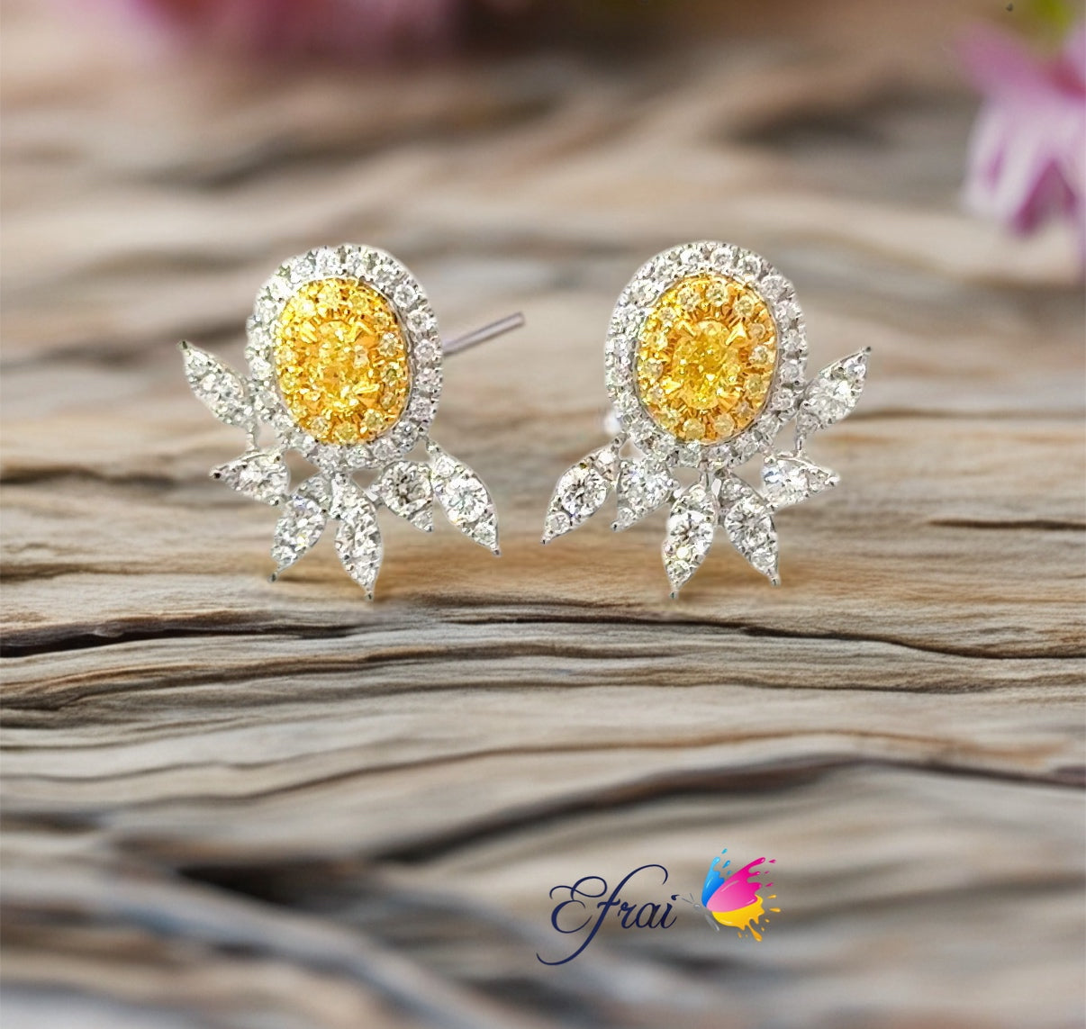 Natural Fancy Yellow Oval Diamond Stud Earrings in White Gold