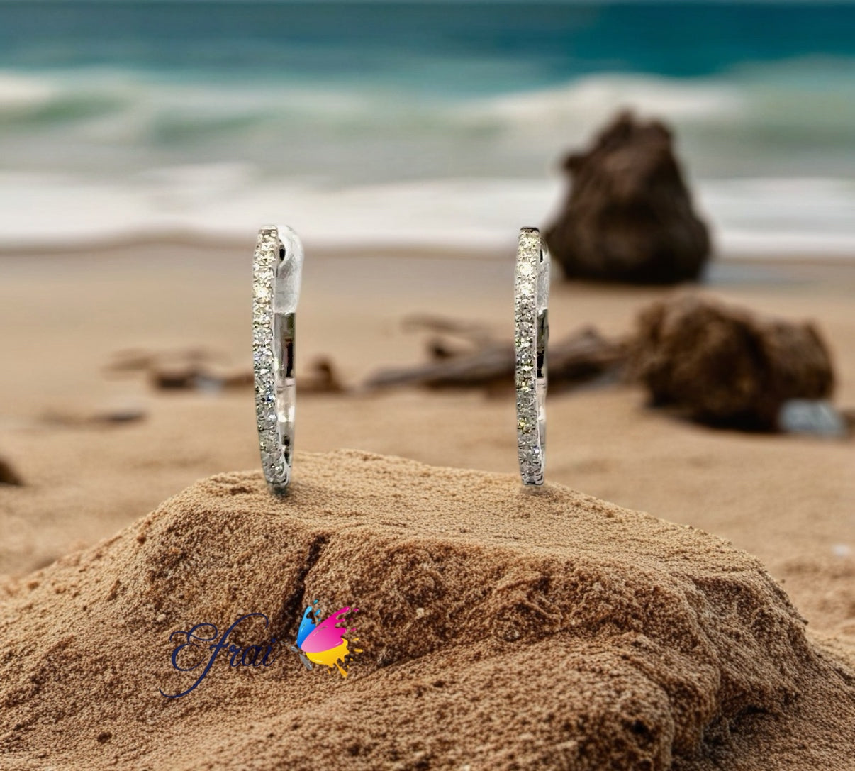 14K White Gold Hoop Earrings with Round Brilliant Diamonds