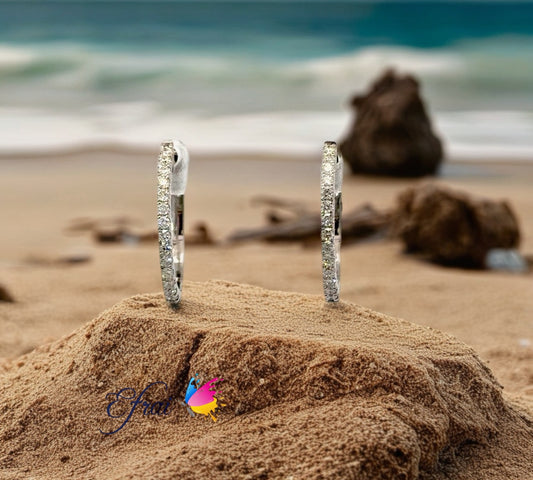 14K White Gold Hoop Earrings with Round Brilliant Diamonds
