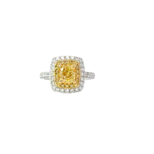 GIA Natural Fancy Yellow Cushion Cut Diamond White Gold Multi-Stone Ring