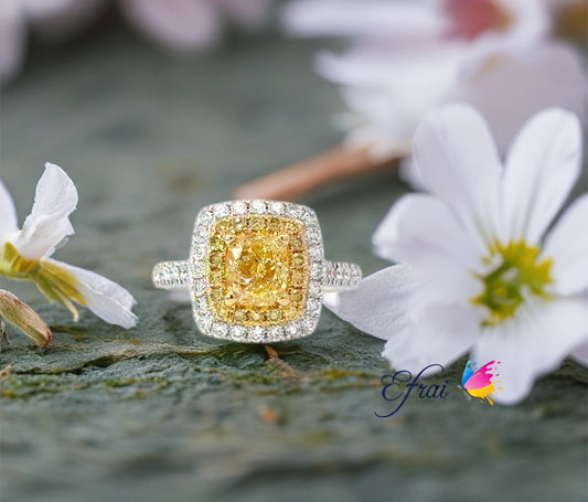 GIA Natural Fancy Yellow Cushion Cut Diamond White Gold Multi-Stone Ring