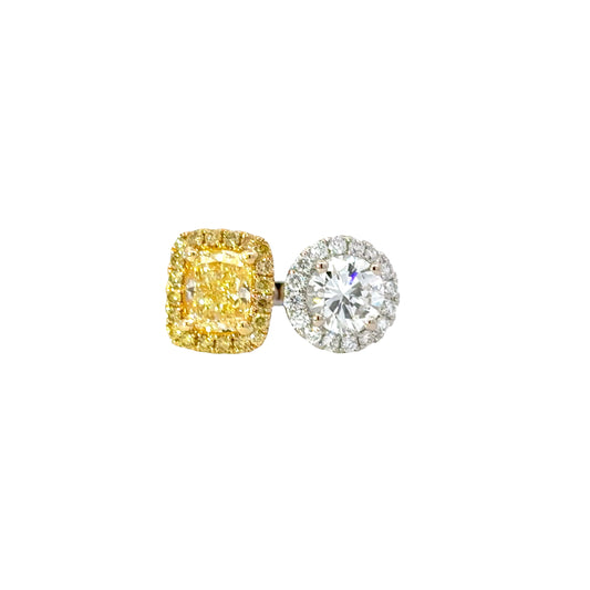 GIA Natural Fancy Yellow Cushion Cut and GIA Natural Round diamonds ring