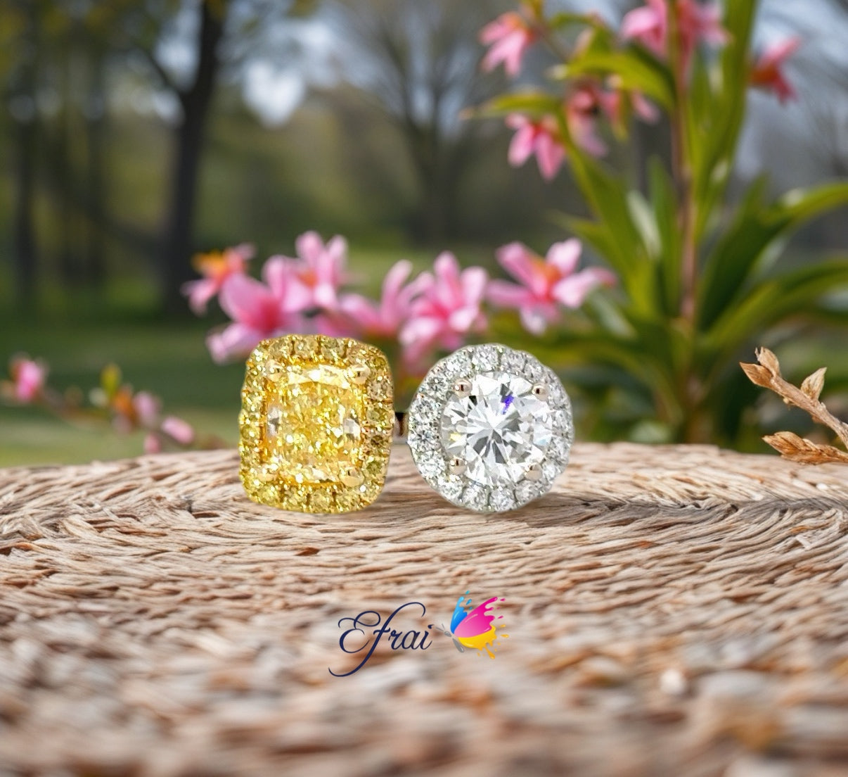 GIA Natural Fancy Yellow Cushion Cut and GIA Natural Round diamonds ring