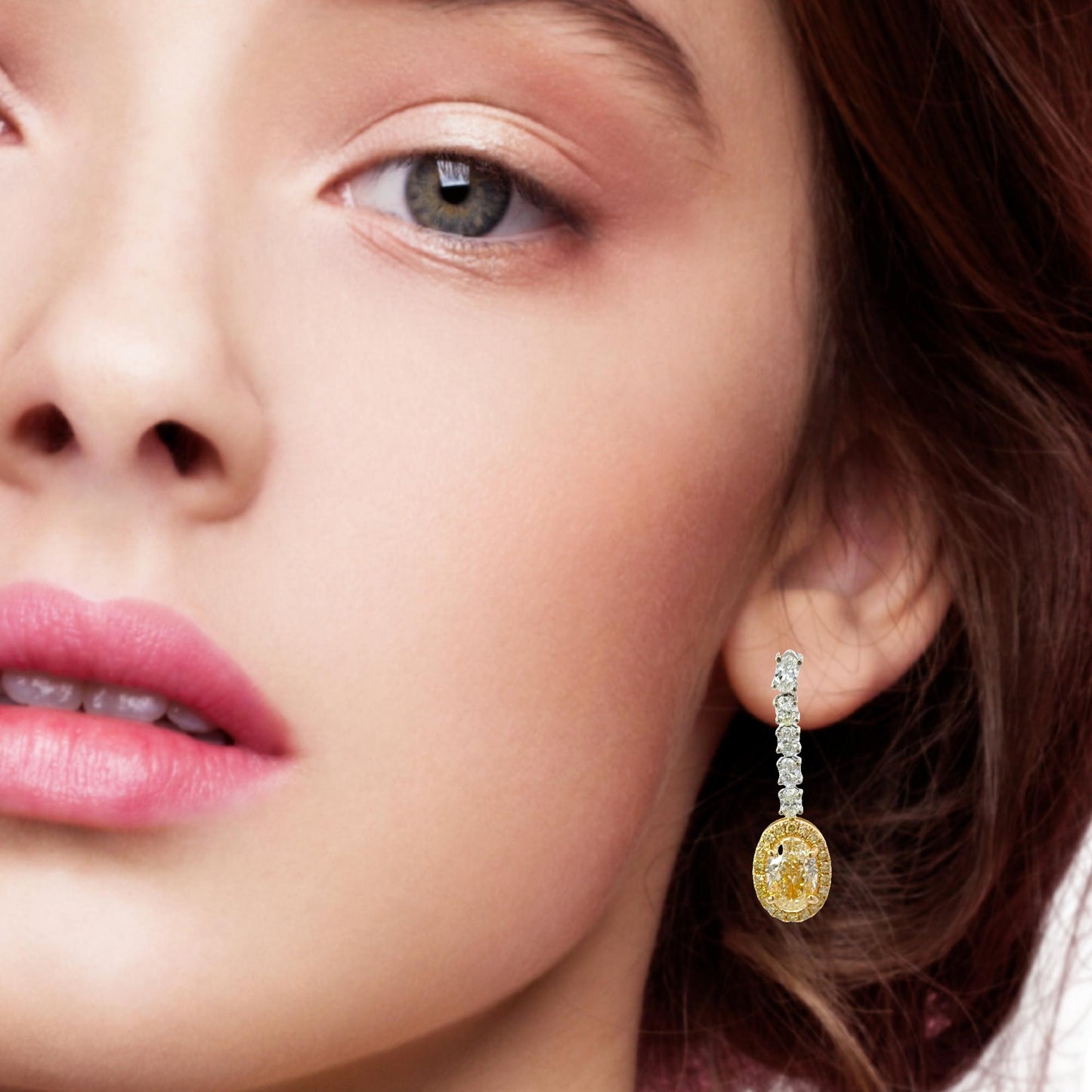 Yellow Gold Drop Earrings with Fancy Yellow Oval Cut Diamonds