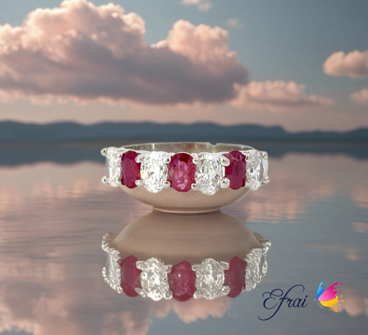 Gorgeous natural oval rubies and diamonds band