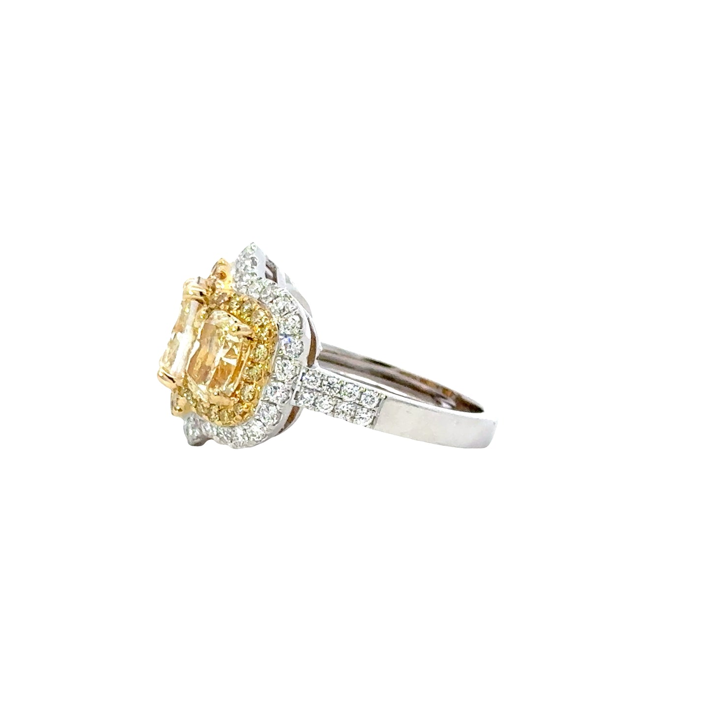 GIA Yellow Cushion Cut Diamonds  Ring in 18K white and Yellow Gold