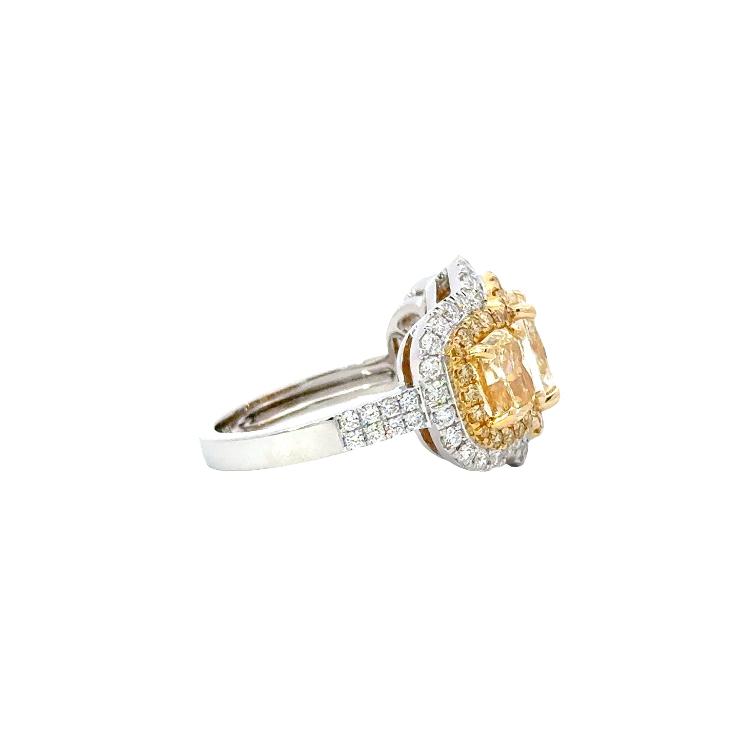 GIA Yellow Cushion Cut Diamonds  Ring in 18K white and Yellow Gold