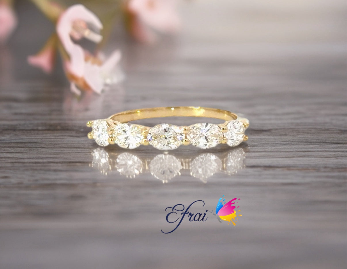 14K Yellow Gold Multistone Ring with Natural Oval Cut Diamonds