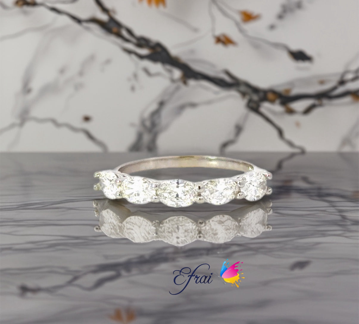 14K White Gold  Ring with Natural Oval Diamonds