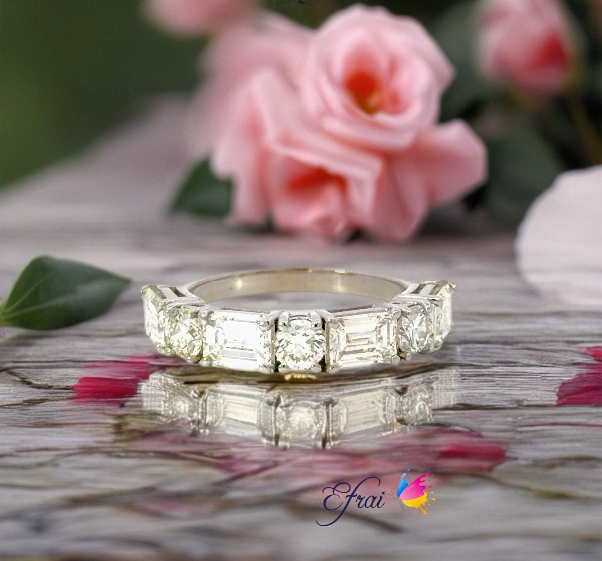Exquisite natural Emerald cut and round diamonds band