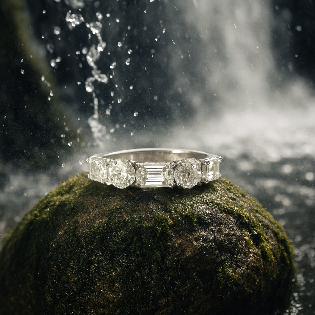 Natural Emerald Cut and round Diamonds Ring