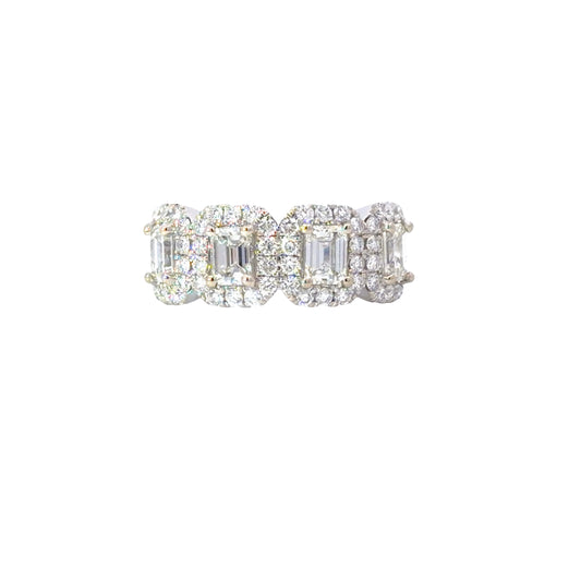18K White Gold Eternity Ring with Natural Emerald and round brilliant Cut Diamonds