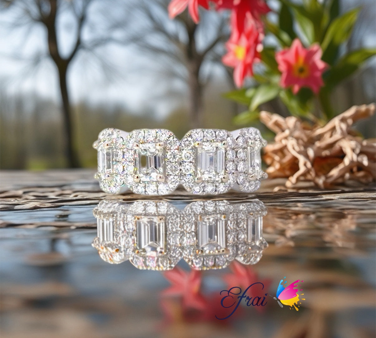 18K White Gold Eternity Ring with Natural Emerald and round brilliant Cut Diamonds