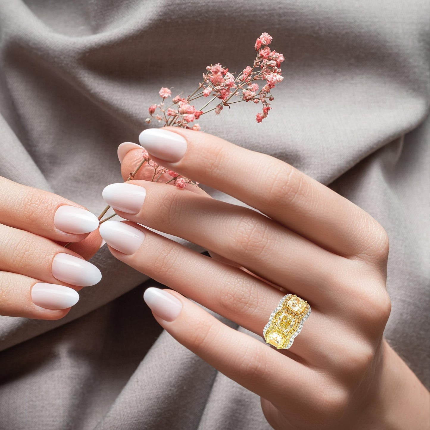 18K White and Yellow Gold Cushion Diamond Halo Ring