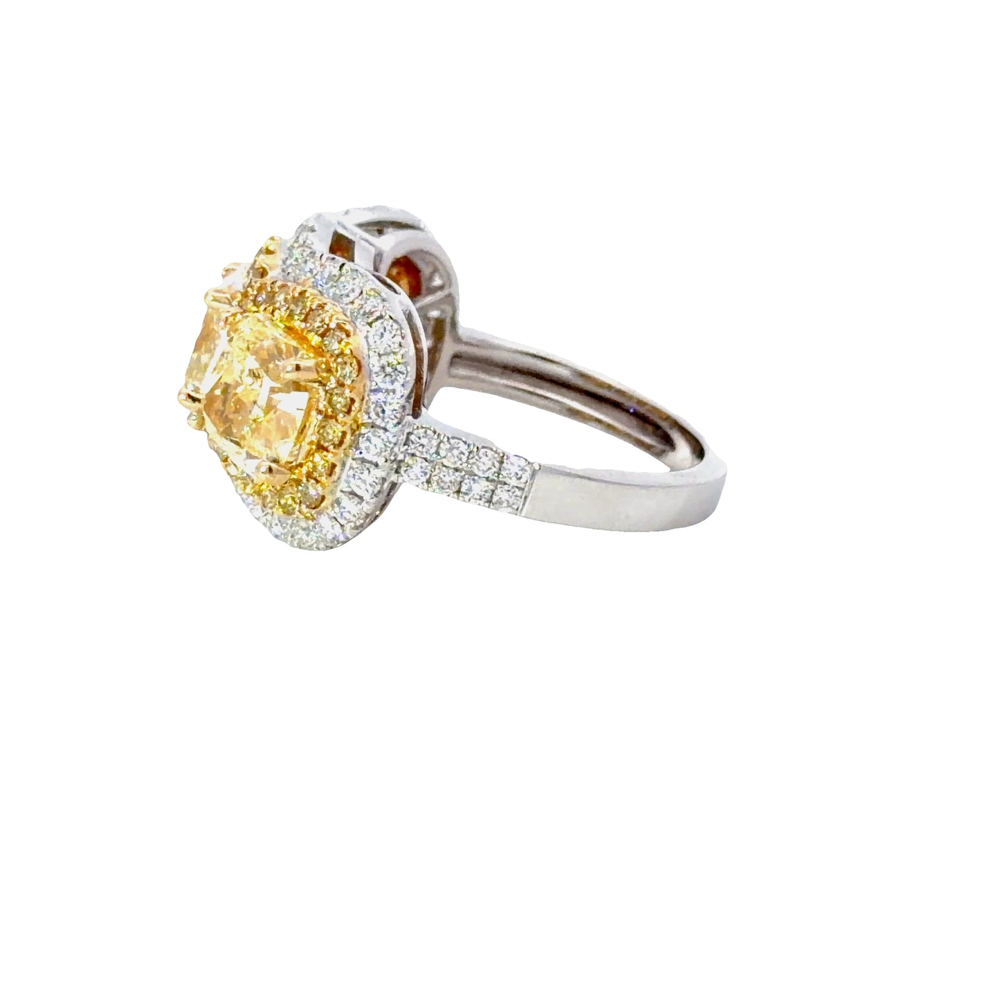 18K White and Yellow Gold Cushion Diamond Halo Ring