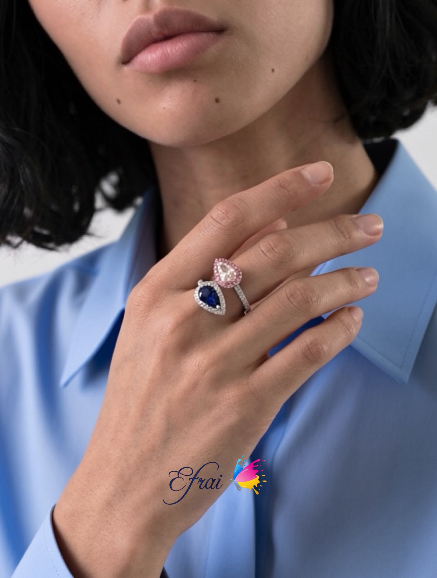 18K White and Rose gold Ring with Natural Deep Blue Pear Sapphire and diamond Pear shape