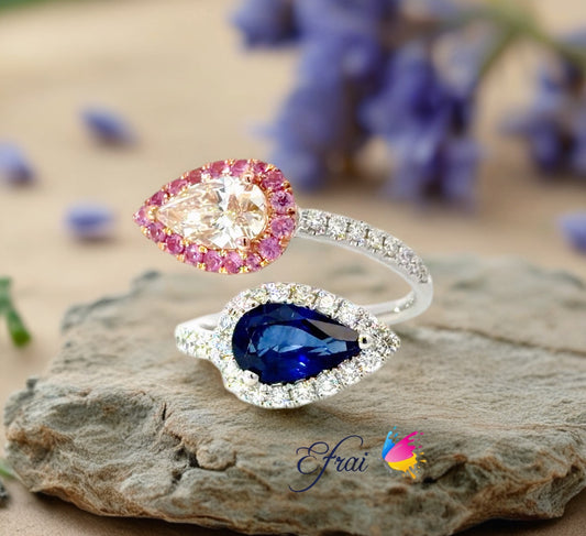 18K White and Rose gold Ring with Natural Deep Blue Pear Sapphire and diamond Pear shape