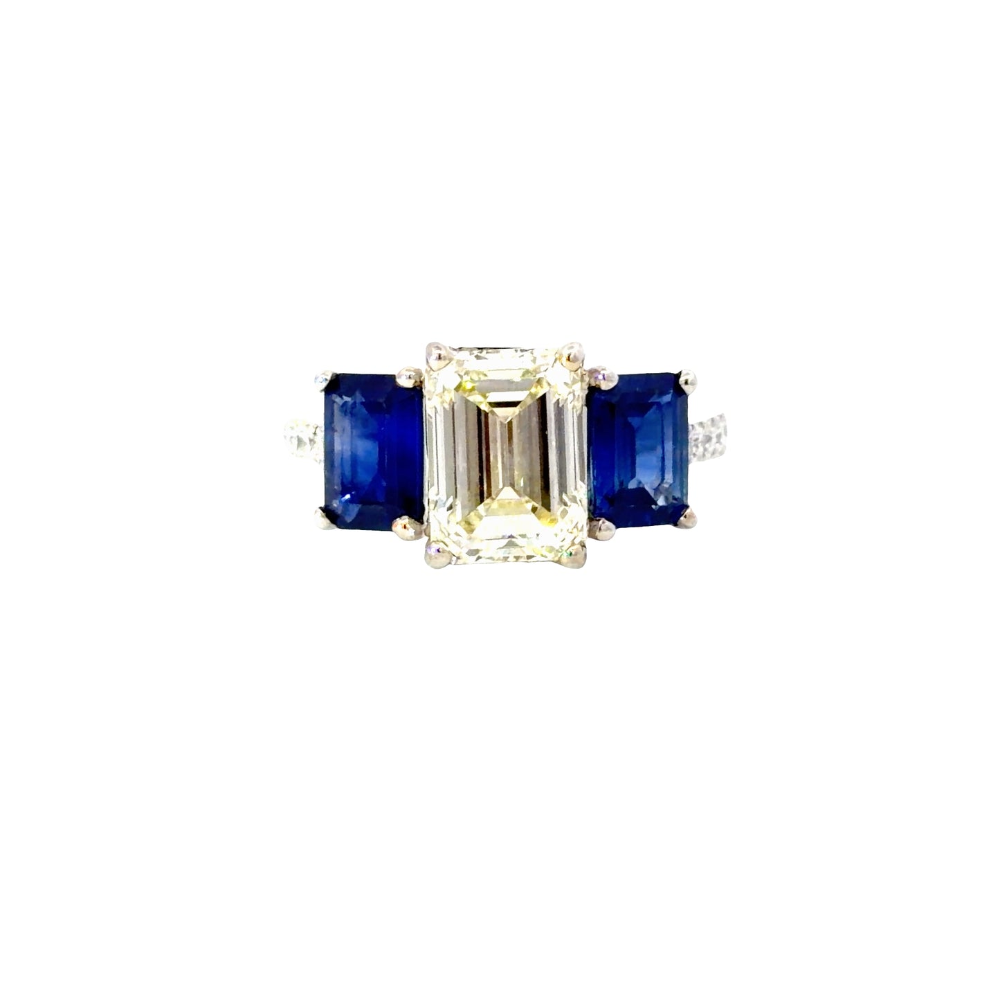 18K White Gold Ring with Natural Emerald Cut Diamond and Deep Blue Sapphires