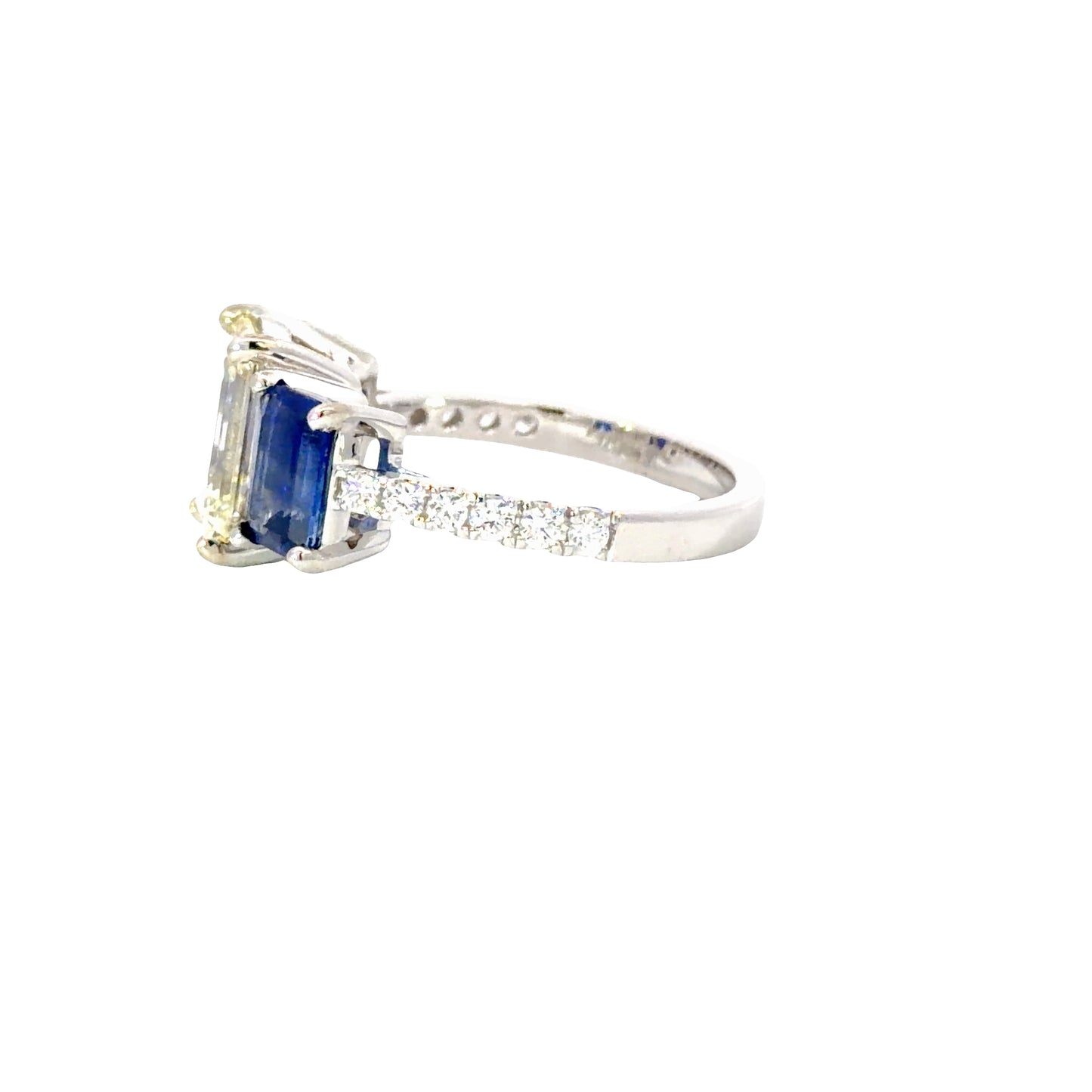 18K White Gold Ring with Natural Emerald Cut Diamond and Deep Blue Sapphires