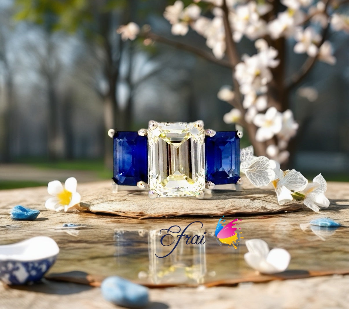 18K White Gold Ring with Natural Emerald Cut Diamond and Deep Blue Sapphires