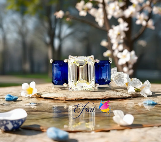 18K White Gold Ring with Natural Emerald Cut Diamond and Deep Blue Sapphires