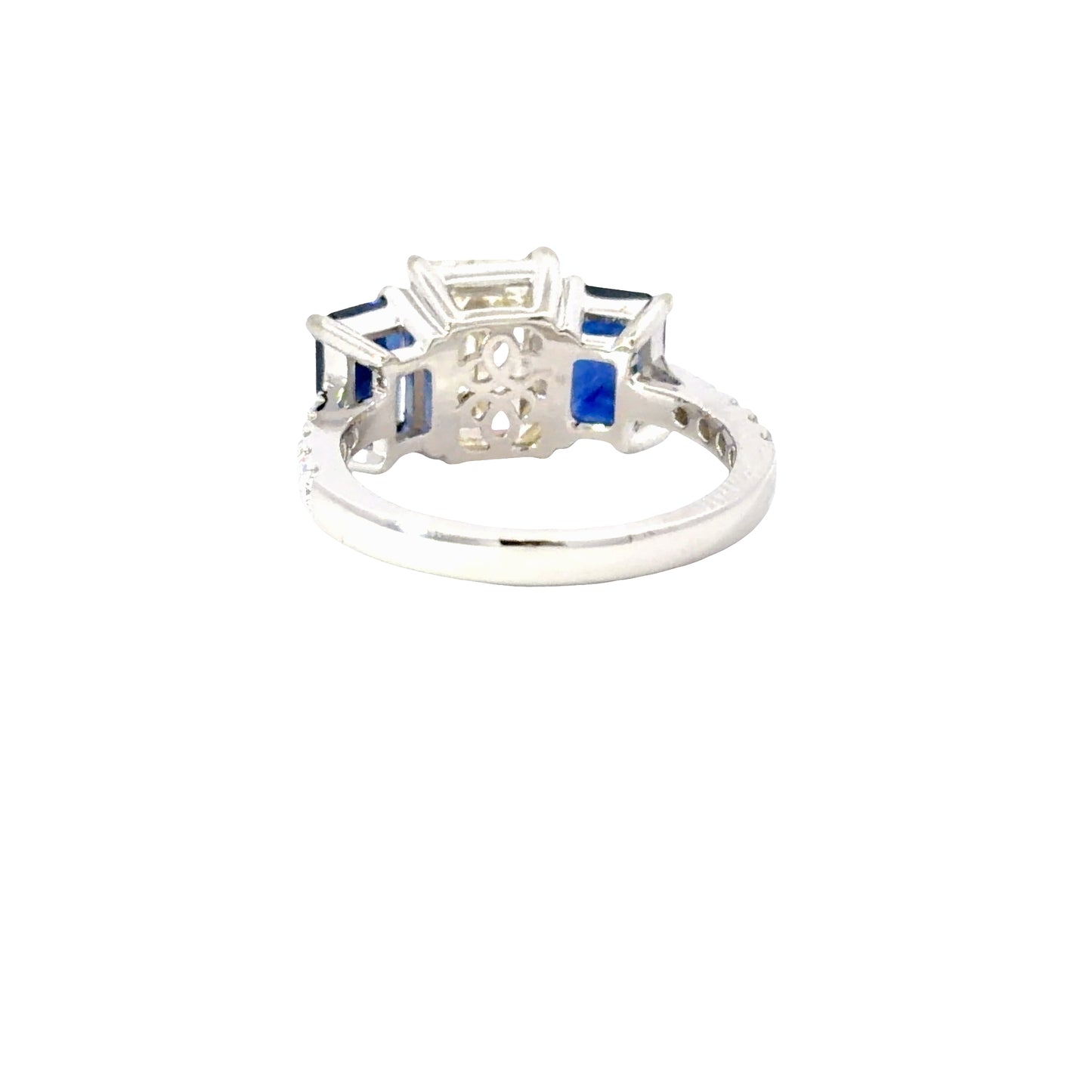 18K White Gold Ring with Natural Emerald Cut Diamond and Deep Blue Sapphires