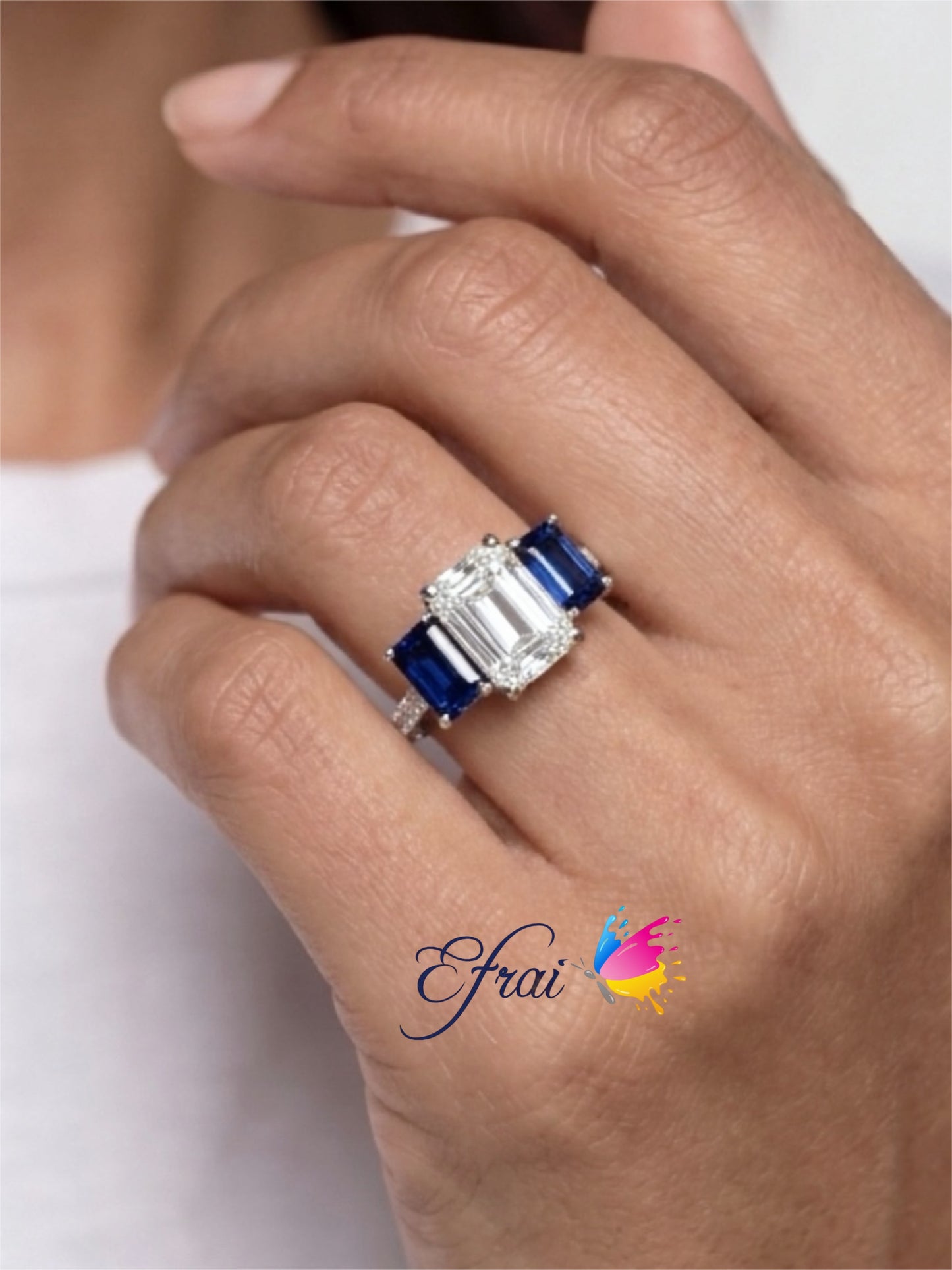 18K White Gold Ring with Natural Emerald Cut Diamond and Deep Blue Sapphires