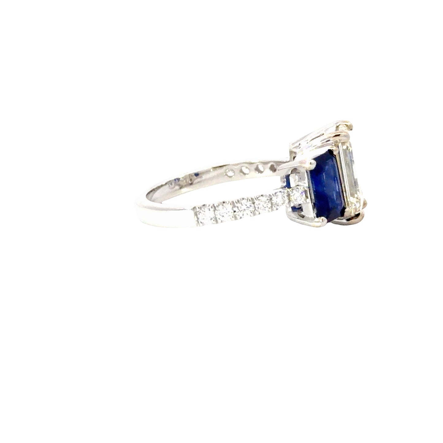 18K White Gold Ring with Natural Emerald Cut Diamond and Deep Blue Sapphires